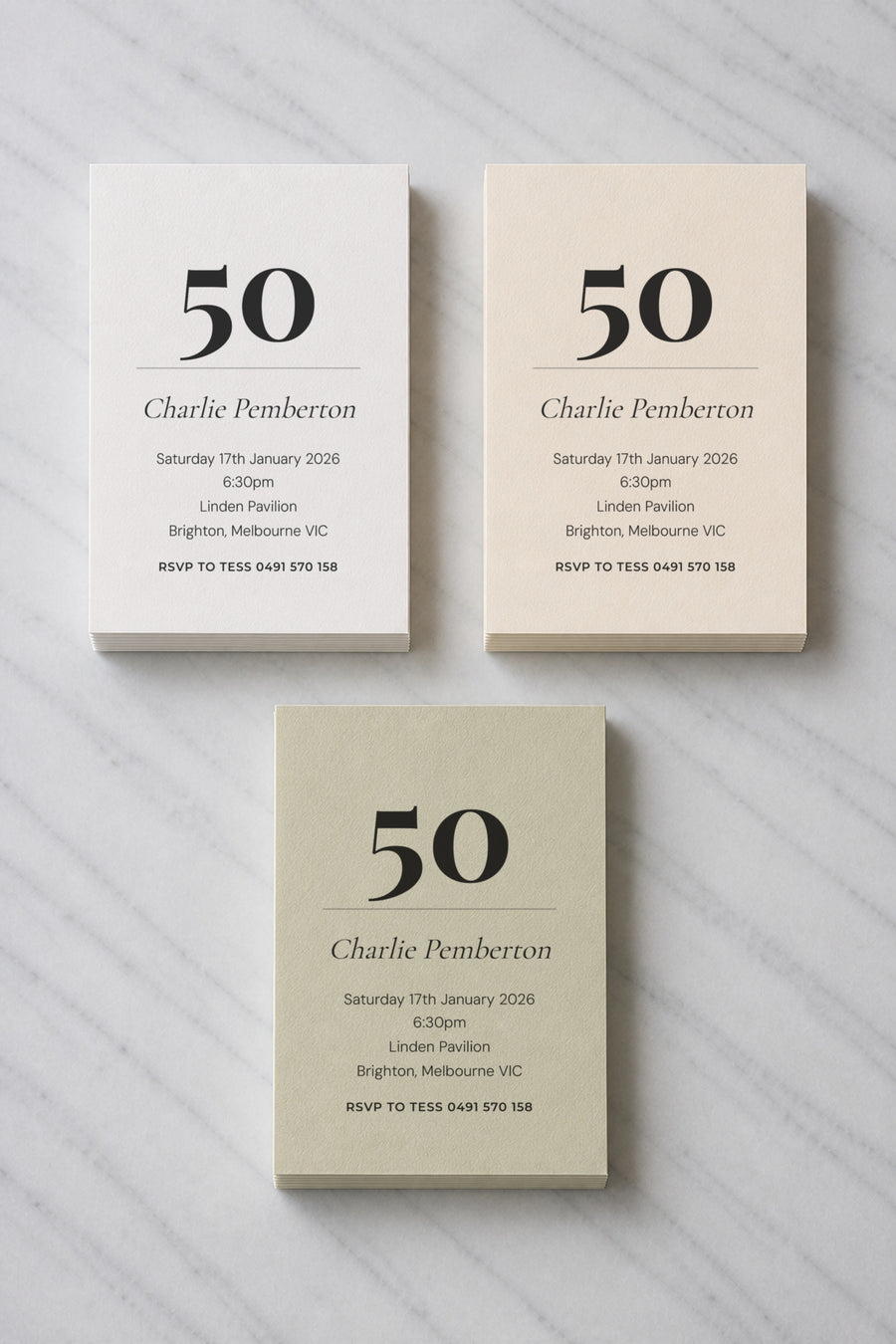 The Stonehaven birthday invitation, shown in three colourways