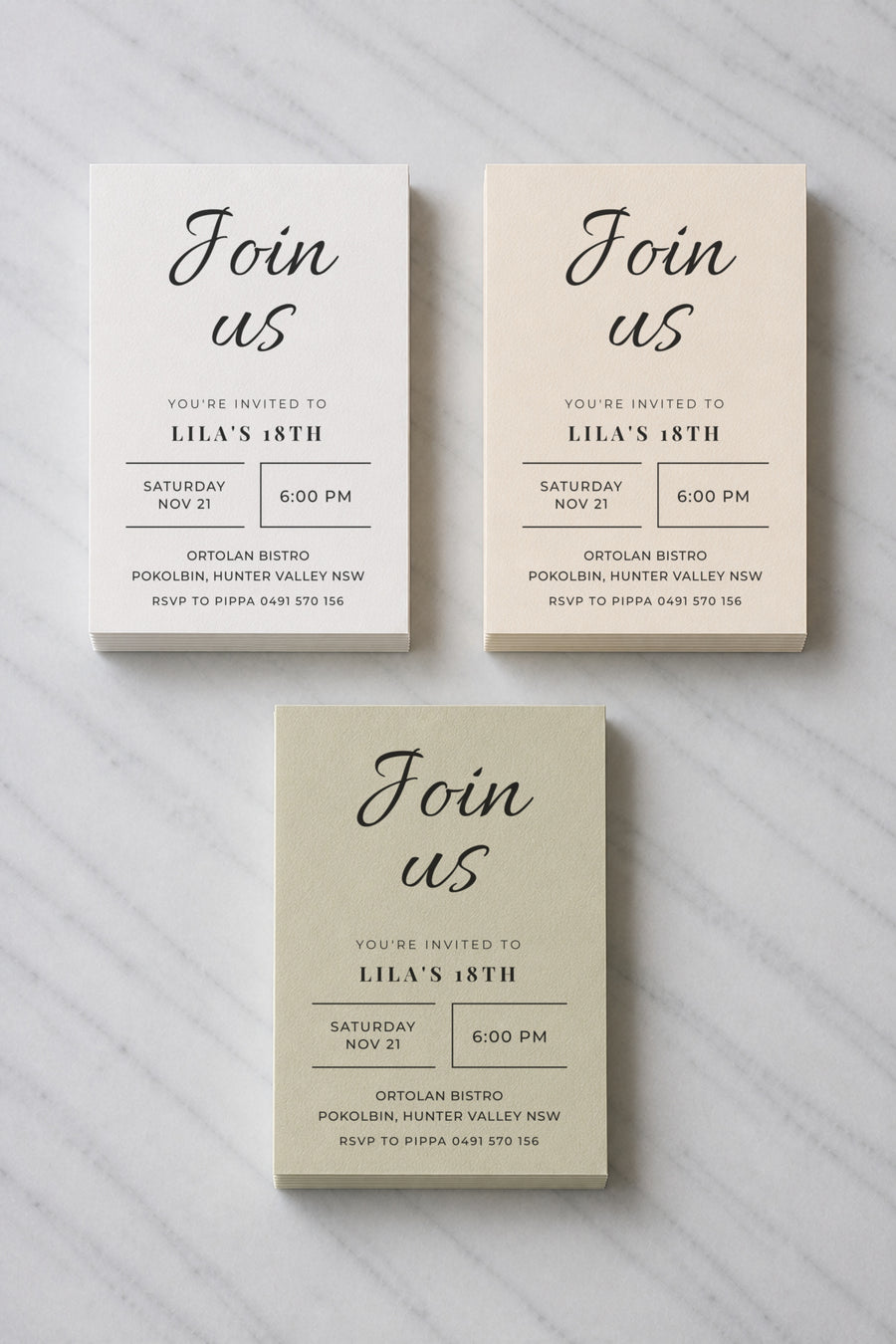 The Bowral birthday invitation, shown in three colourways