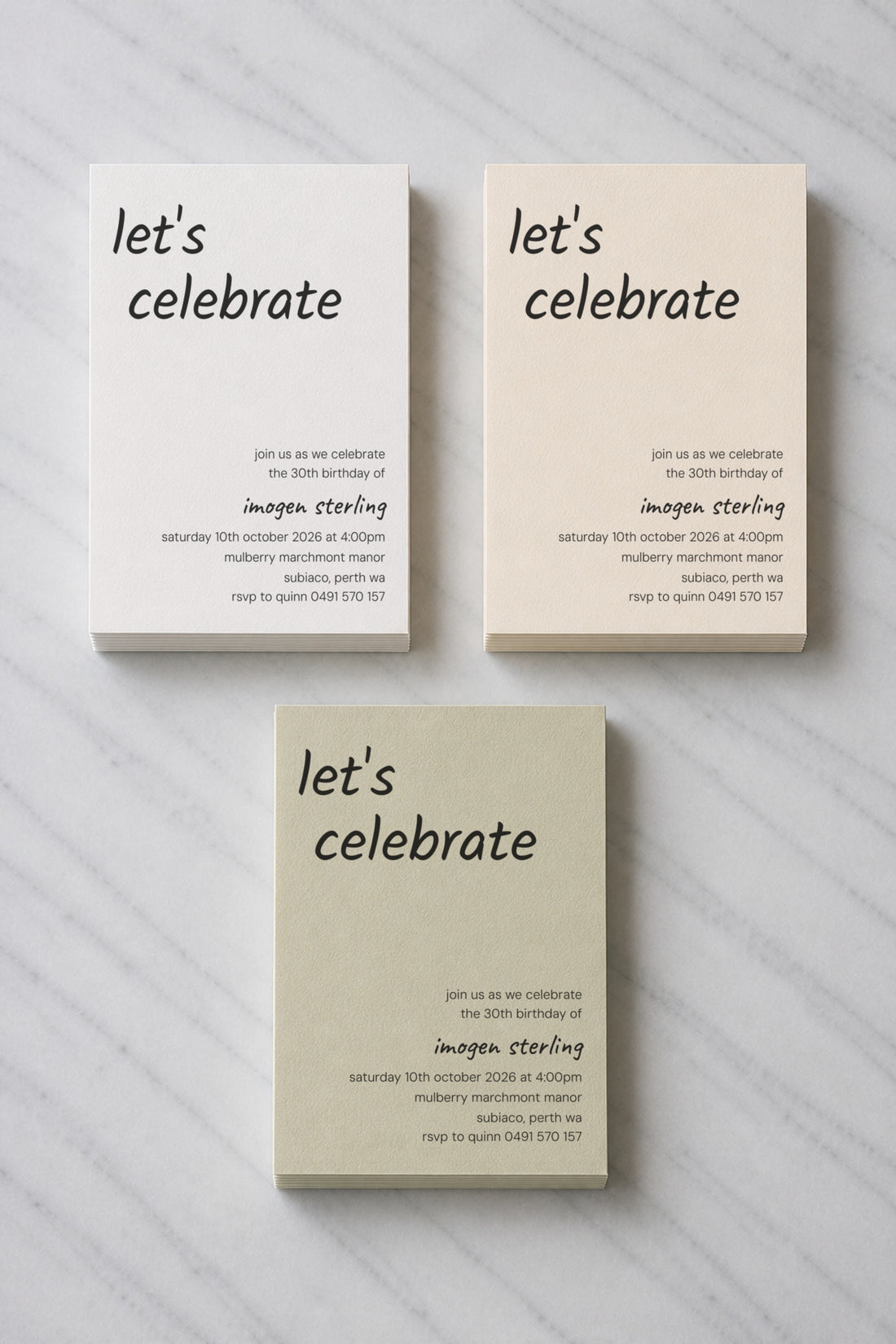 The Kiama birthday invitation, shown in three colourways