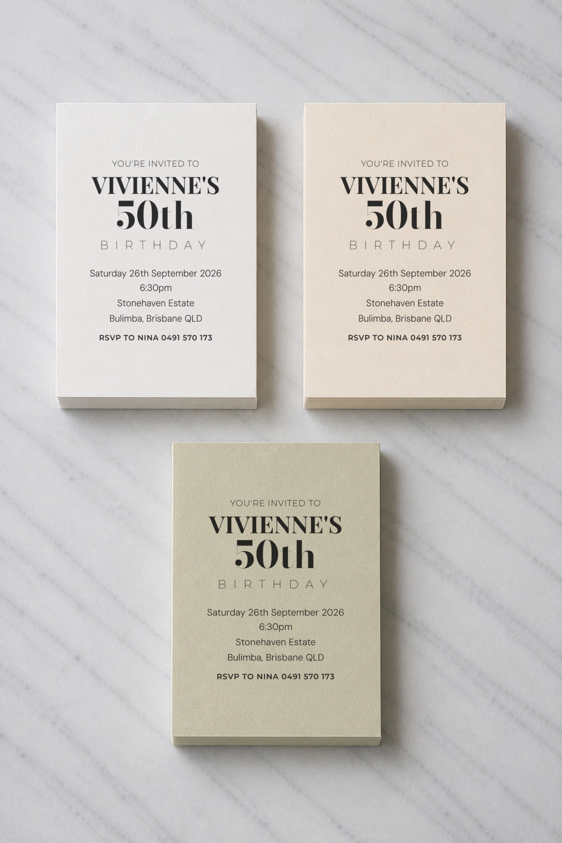 The Whitehaven birthday invitation, shown in three colourways