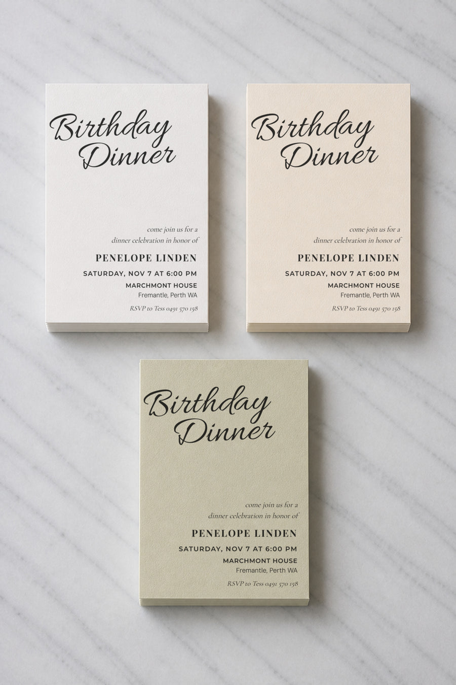 The Bellevue birthday invitation, shown in three colourways