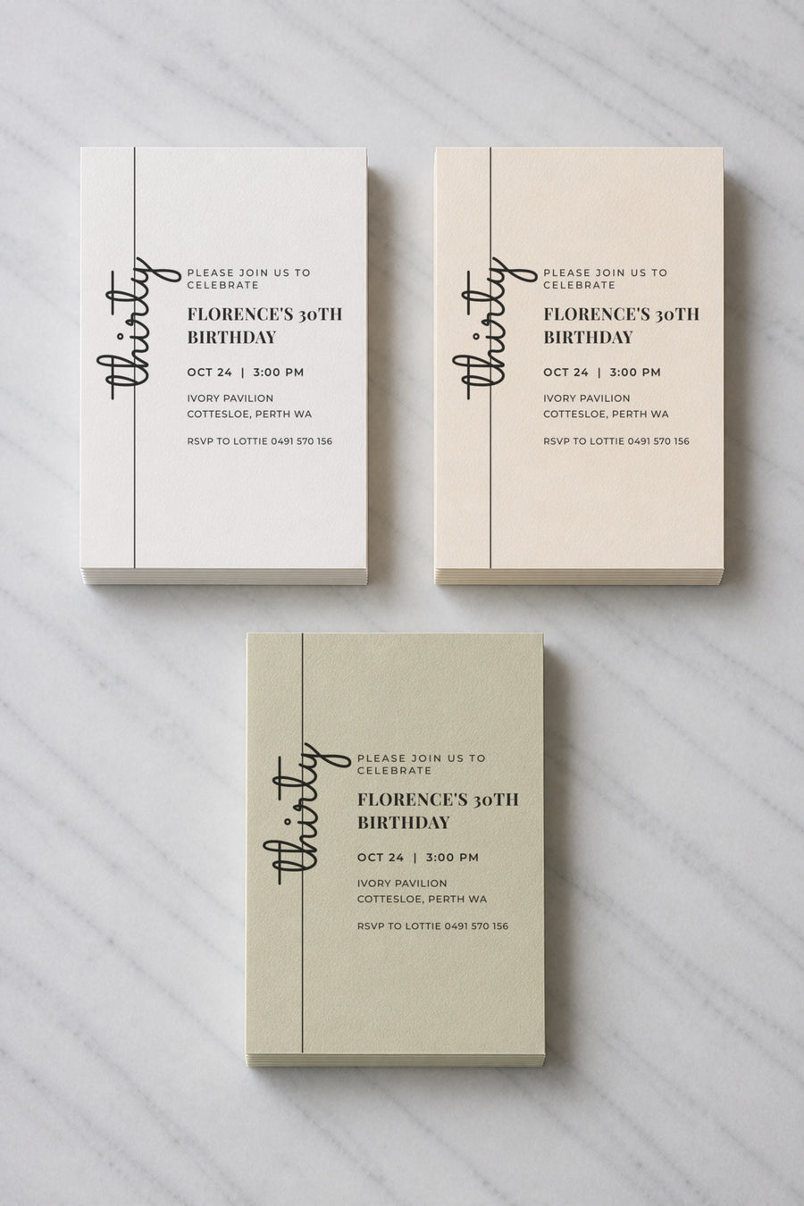 The Cedar birthday invitation, shown in three colourways