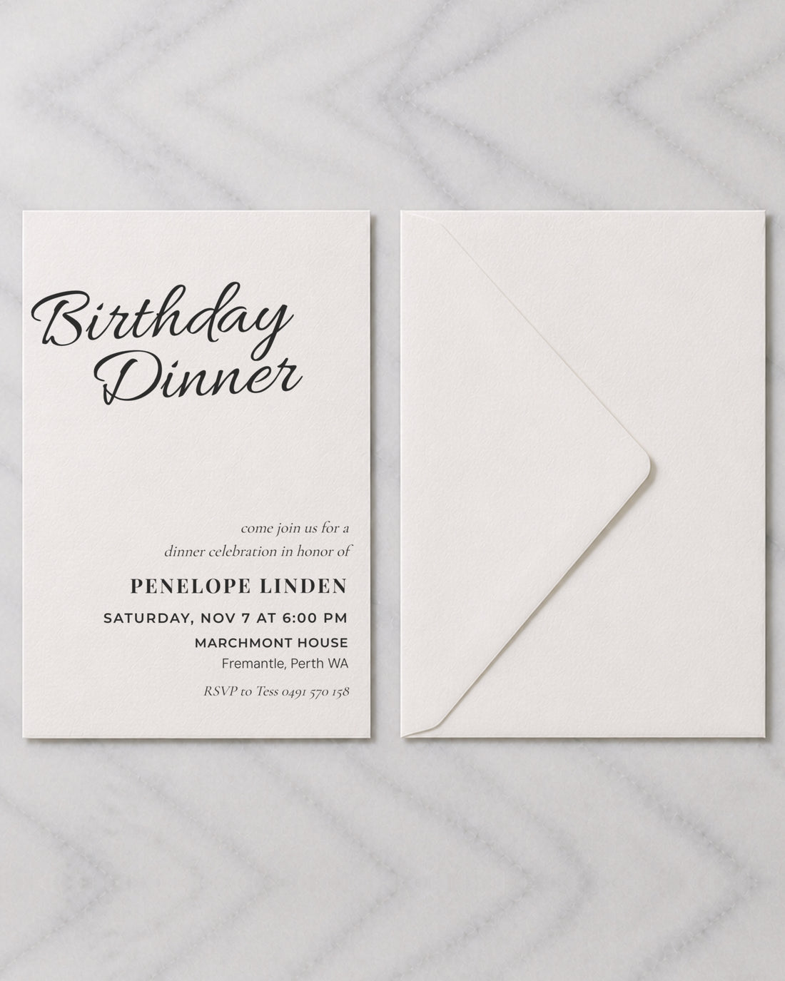 The Bellevue birthday invitation, shown with its envelope