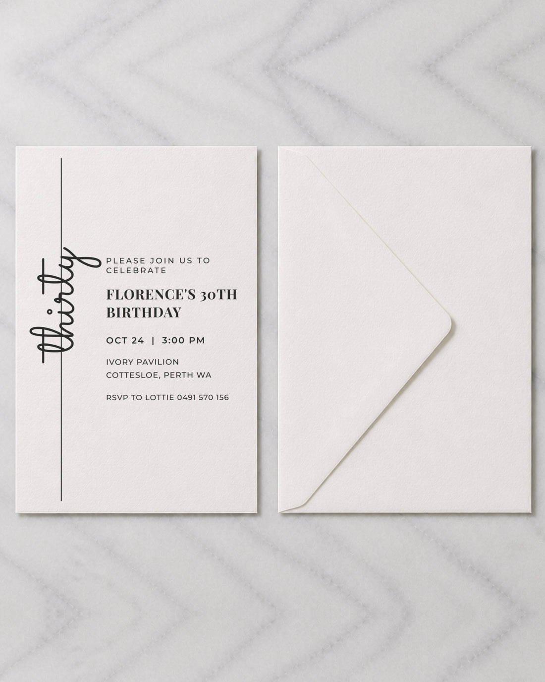 The Cedar birthday invitation, shown with its envelope