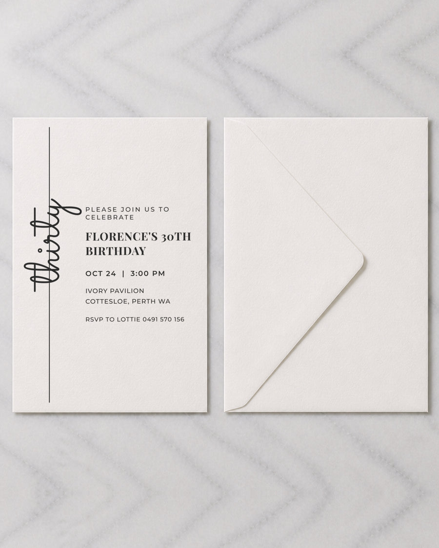 The Cedar birthday invitation, shown with its envelope
