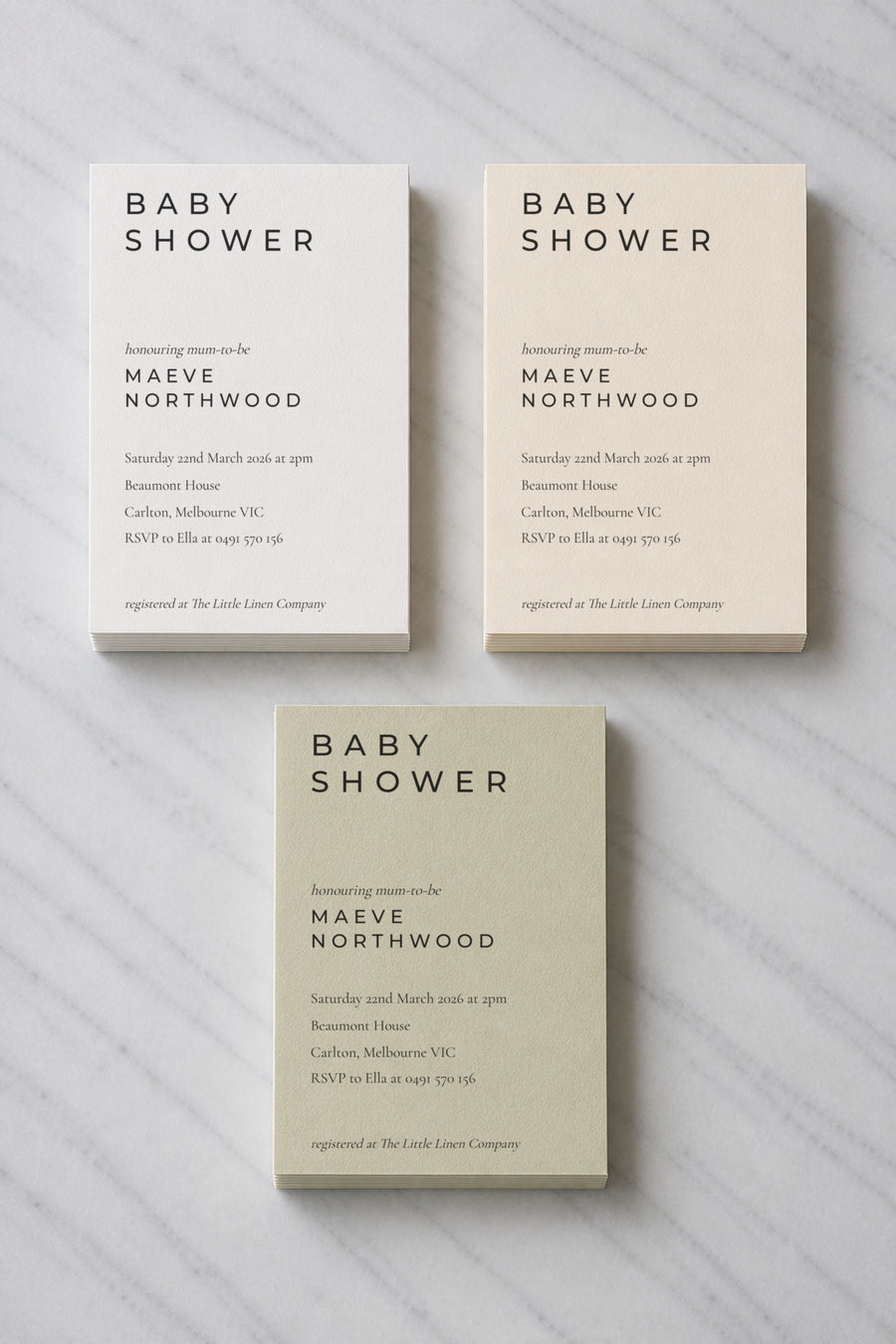 The Berrima baby shower invitation, shown in three colourways