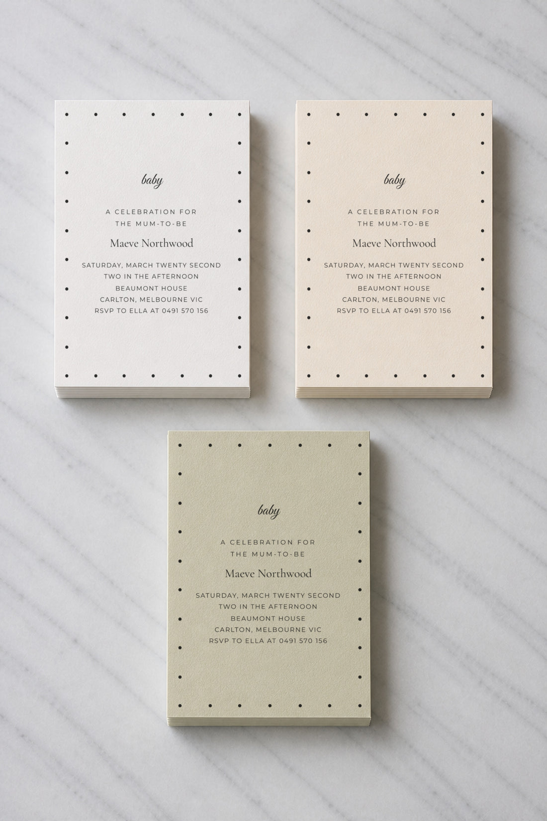 The Marigold baby shower invitation, shown in three colourways
