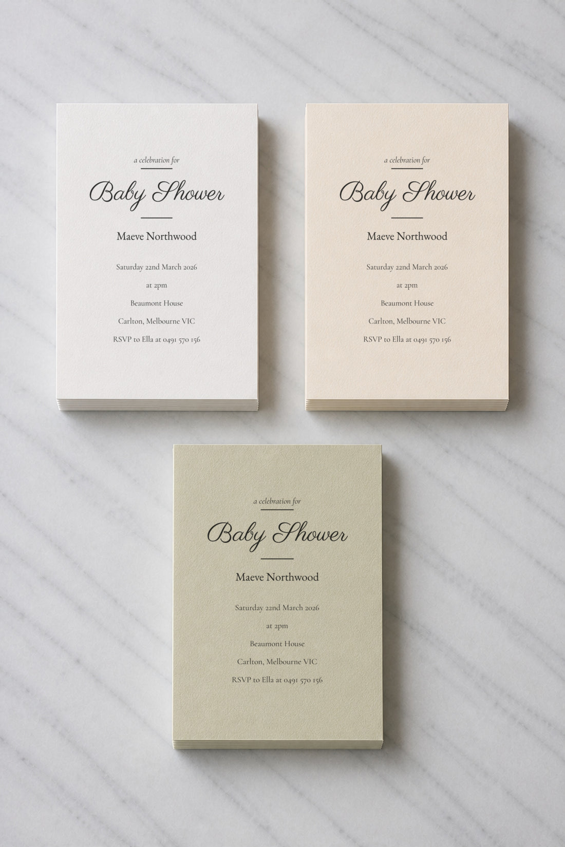 The Hawthorn baby shower invitation, shown in three colourways