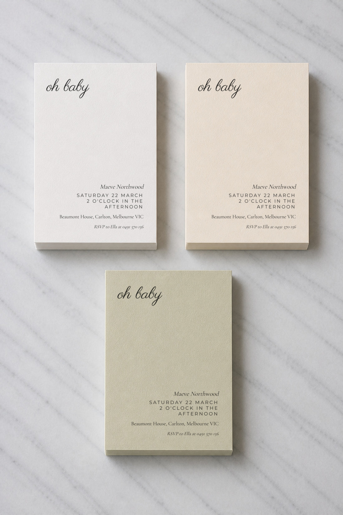 The Bluebell baby shower invitation, shown in three colourways