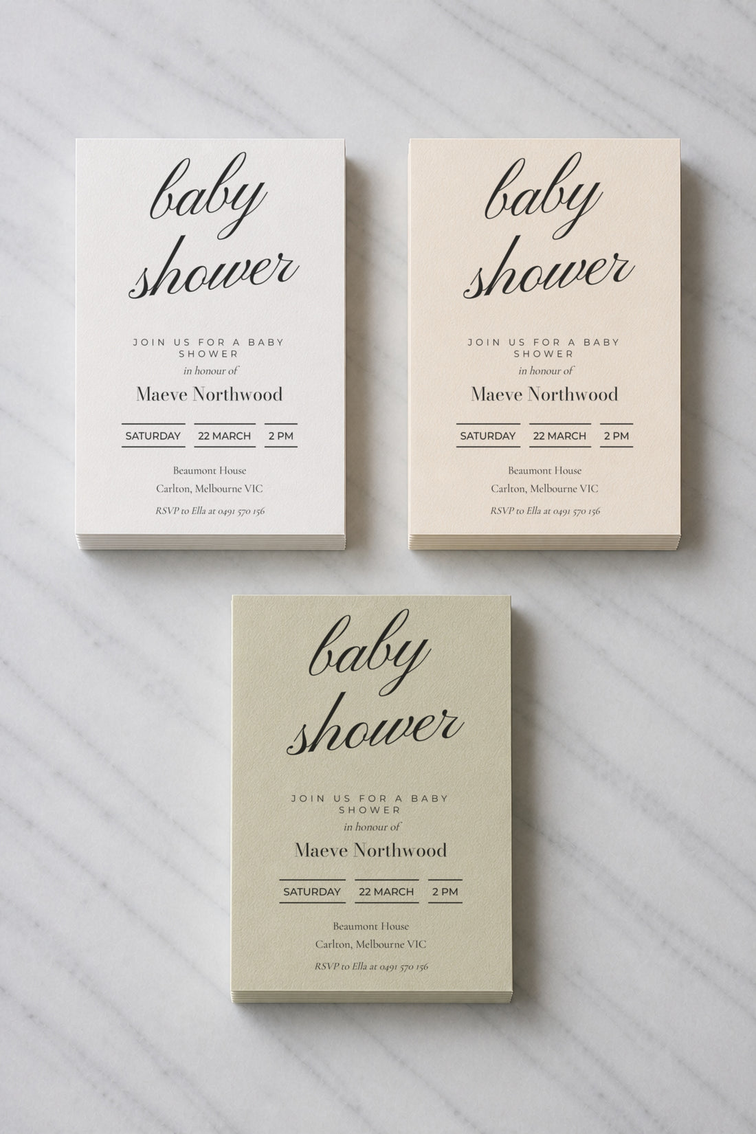 The Bowral baby shower invitation, shown in three colourways