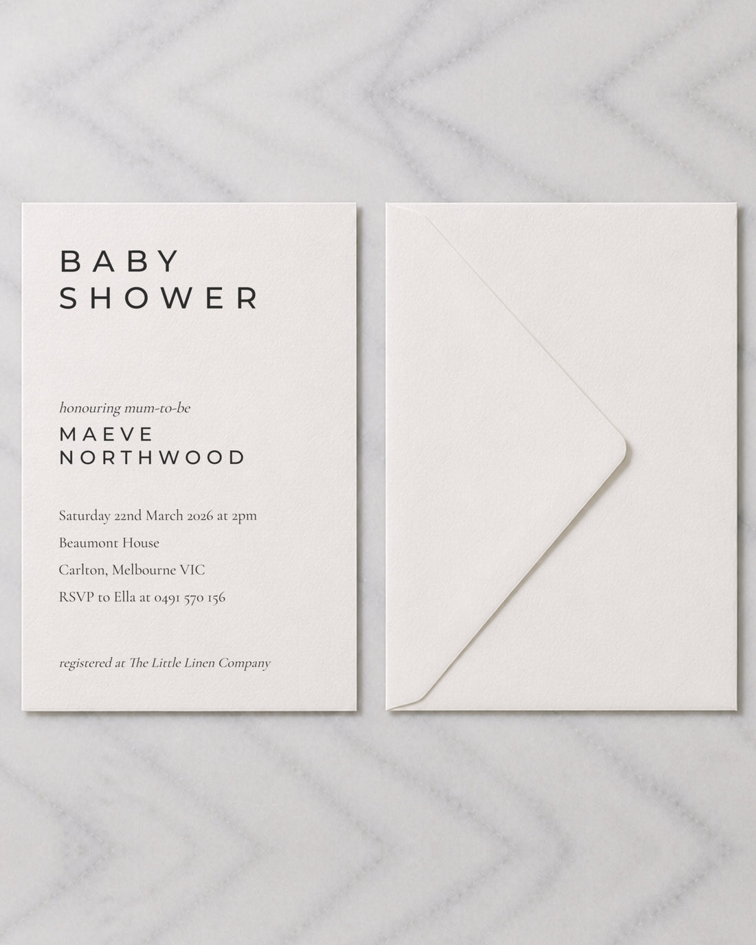 The Berrima baby shower invitation, shown with its envelope