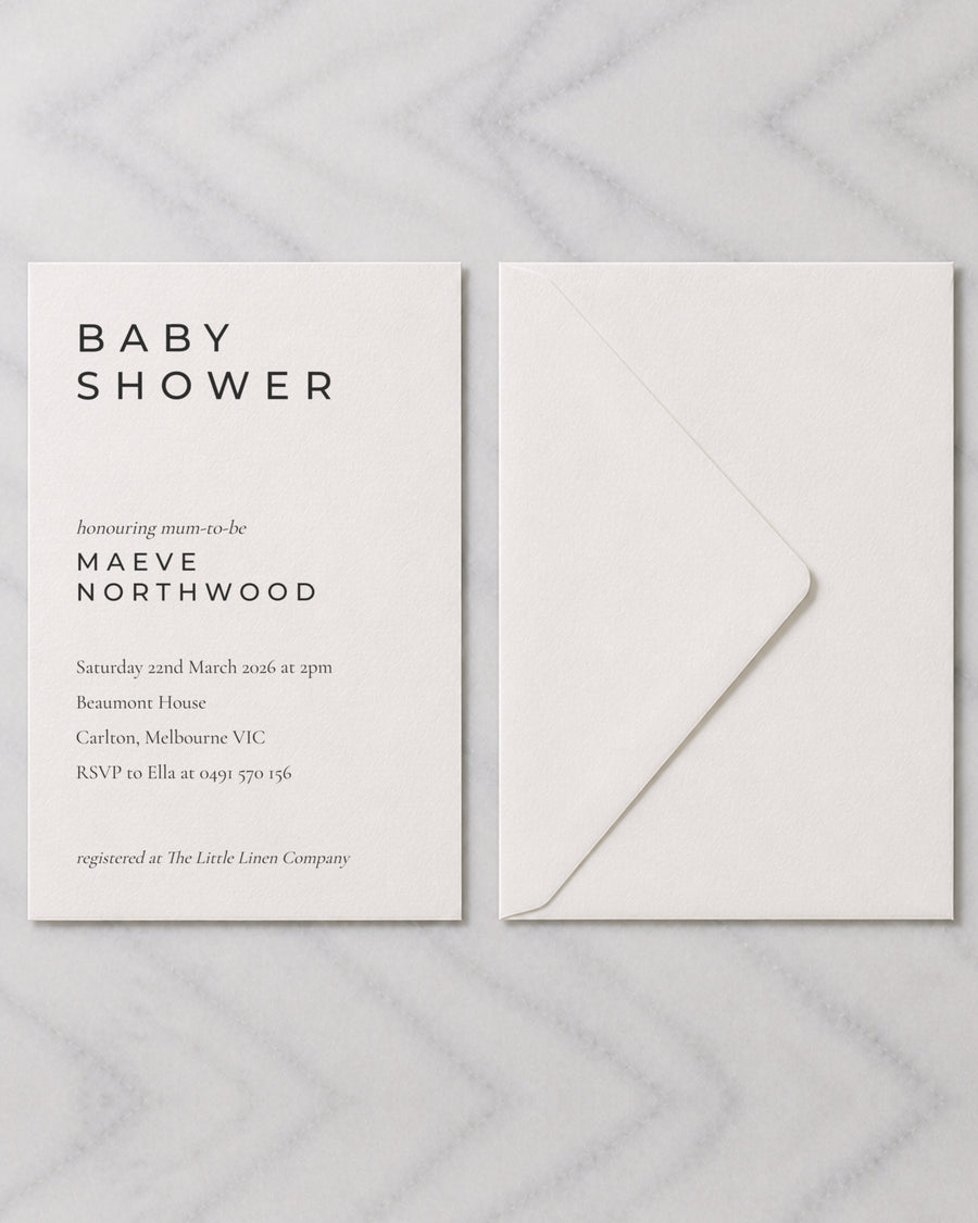 The Berrima baby shower invitation, shown with its envelope