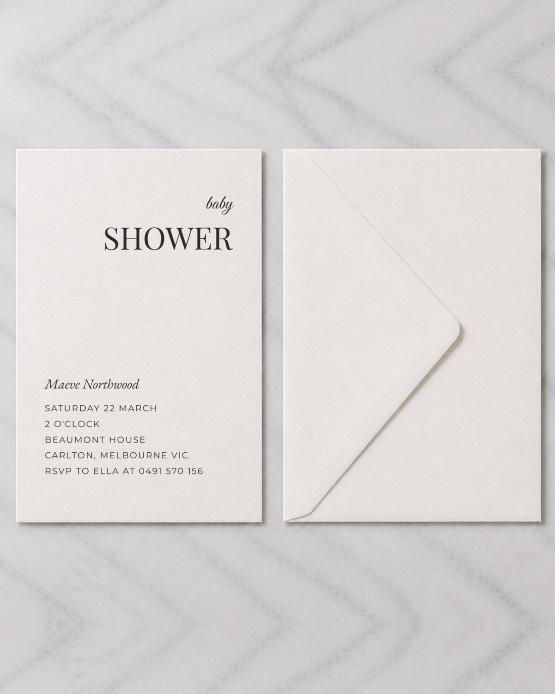 The Highgate baby shower invitation, shown with its envelope