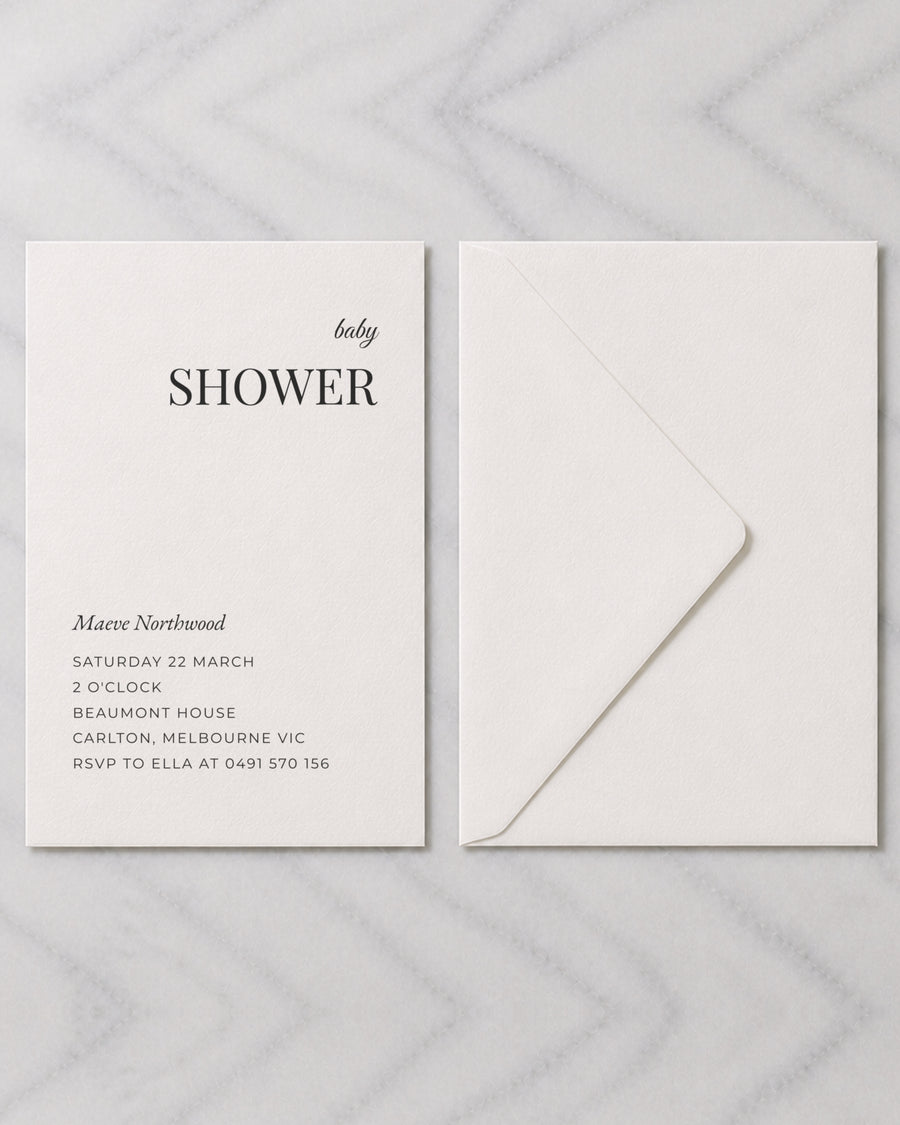 The Highgate baby shower invitation, shown with its envelope