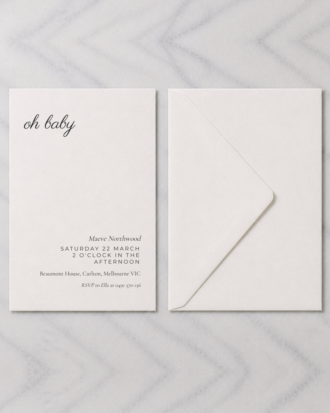 The Bluebell baby shower invitation, shown with its envelope