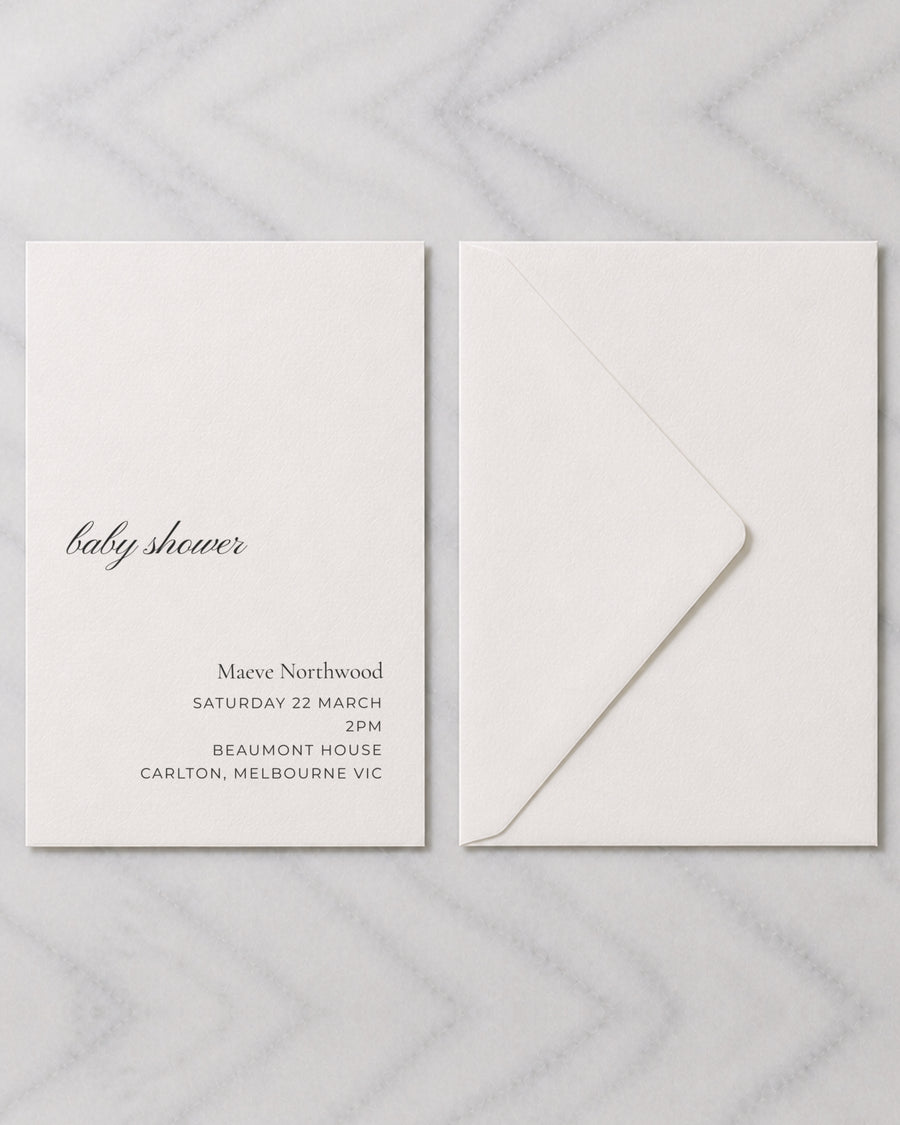The Sorrel baby shower invitation, shown with its envelope