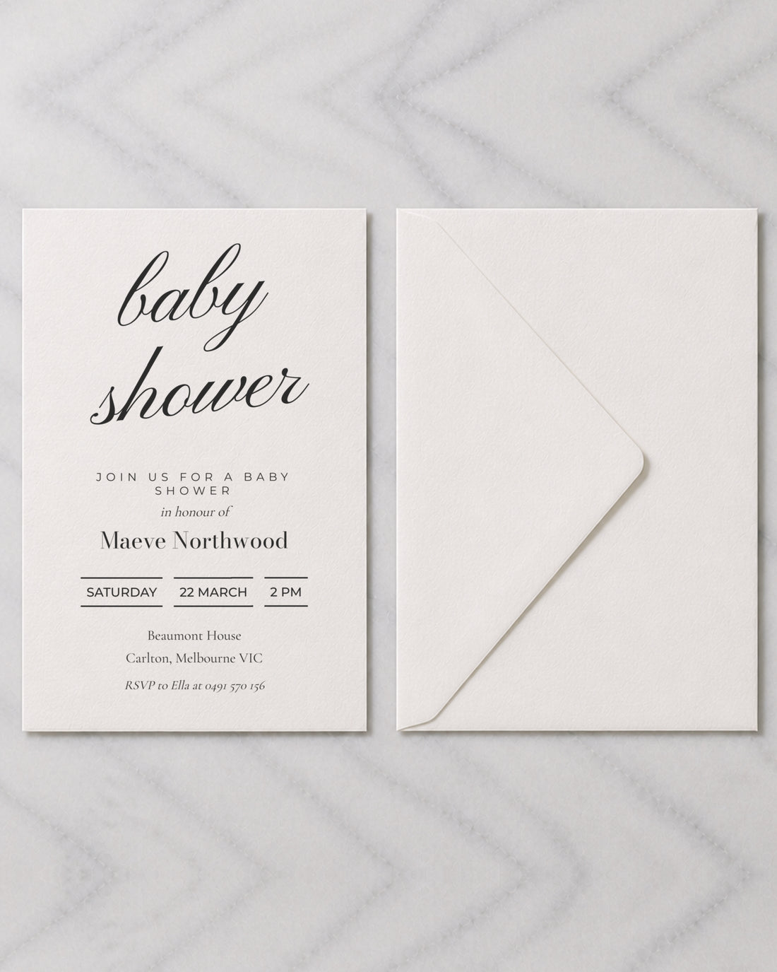 The Bowral baby shower invitation, shown with its envelope