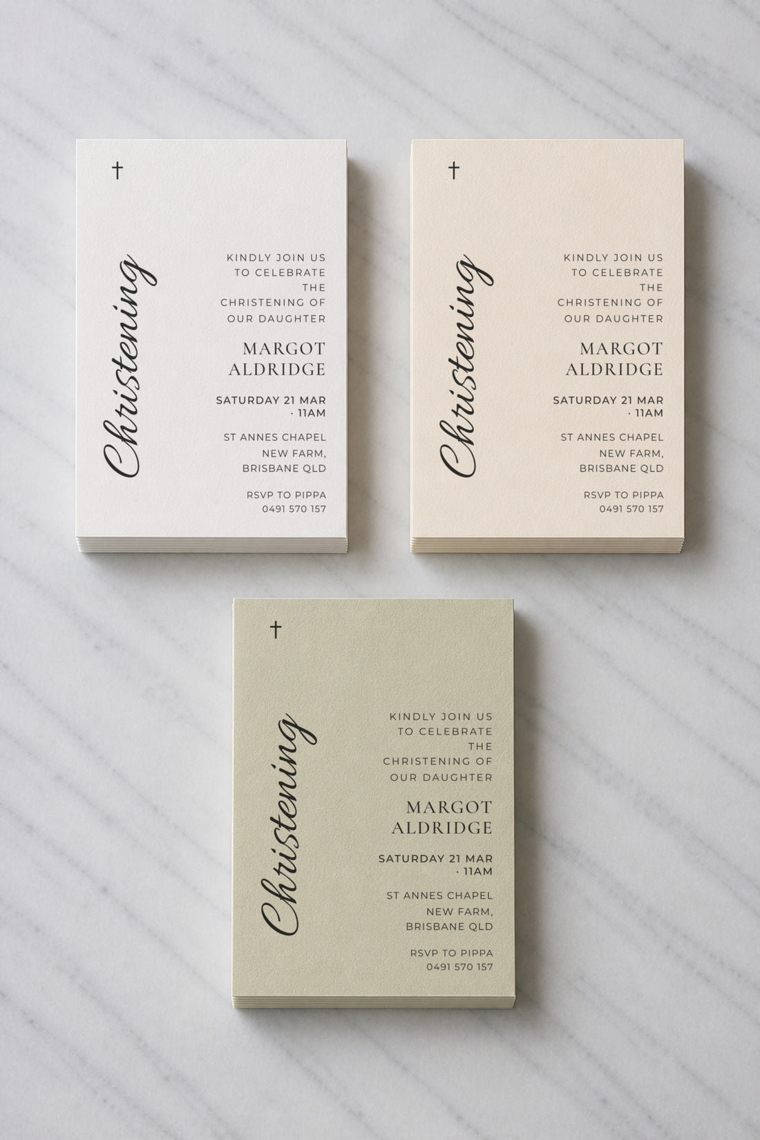 The Bluestone christening invitation, shown in three colourways