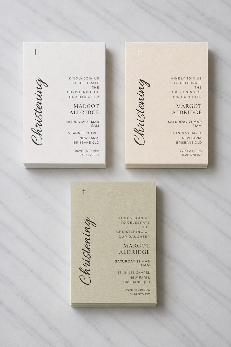 The Bluestone christening invitation, shown in three colourways