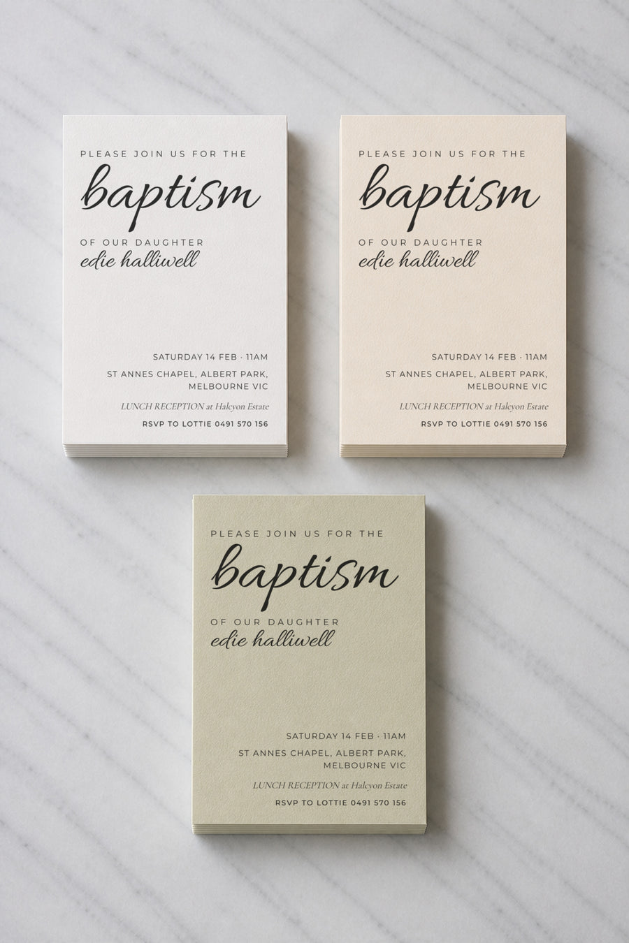 The Barley christening invitation, shown in three colourways