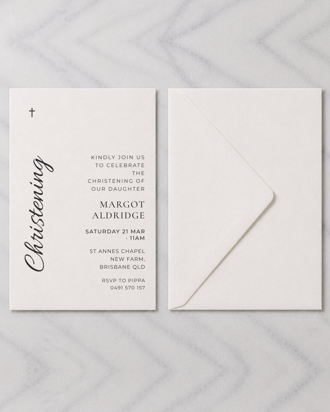 The Bluestone christening invitation, shown with its envelope