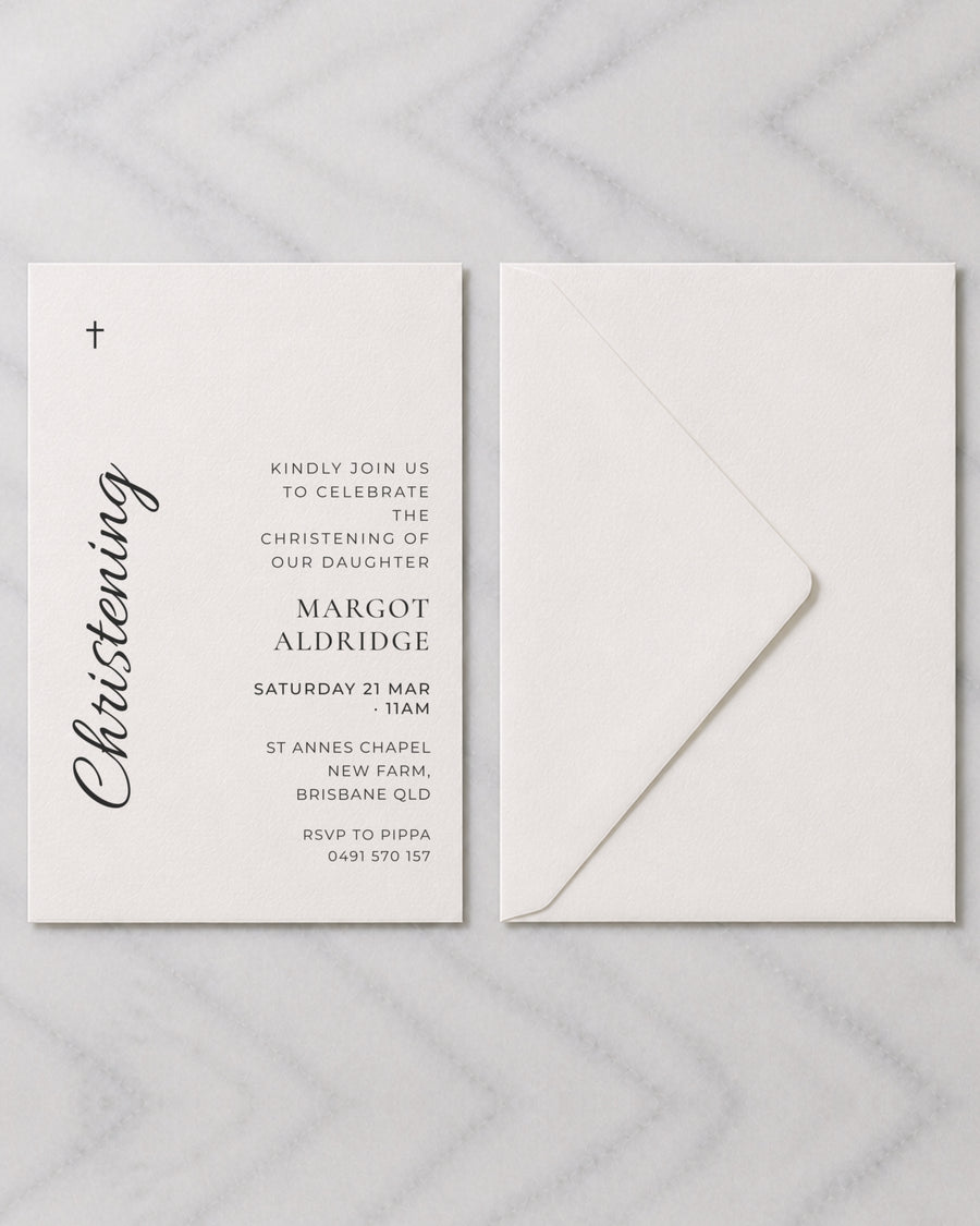 The Bluestone christening invitation, shown with its envelope
