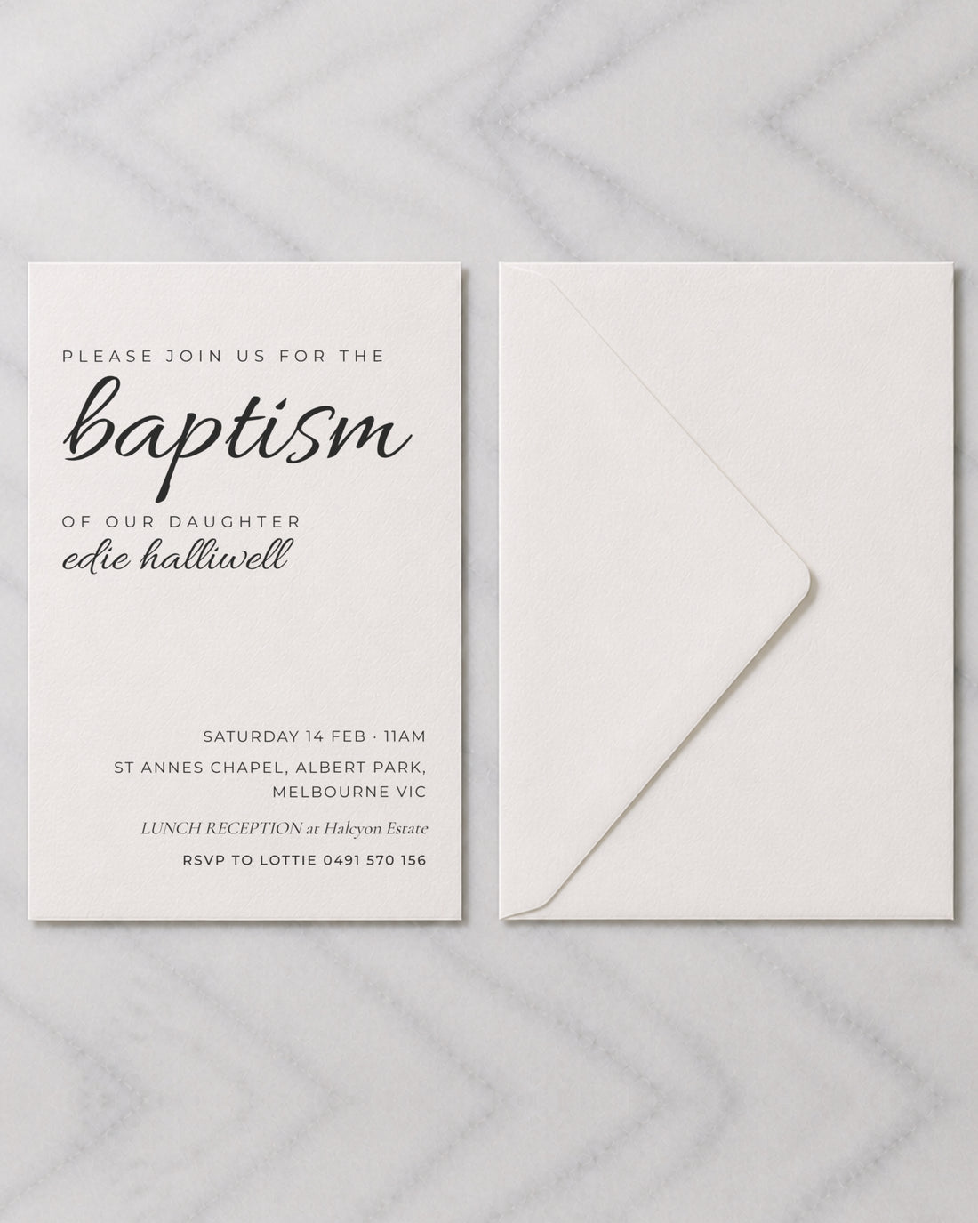 The Barley christening invitation, shown with its envelope