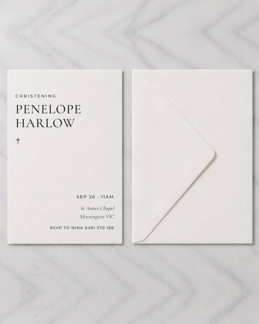 The Birch christening invitation, shown with its envelope