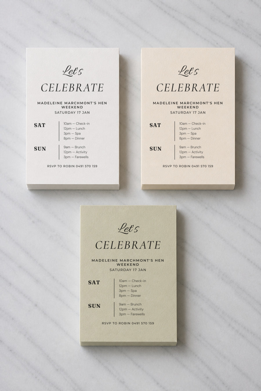 The Ledger hens invitation, shown in three colourways
