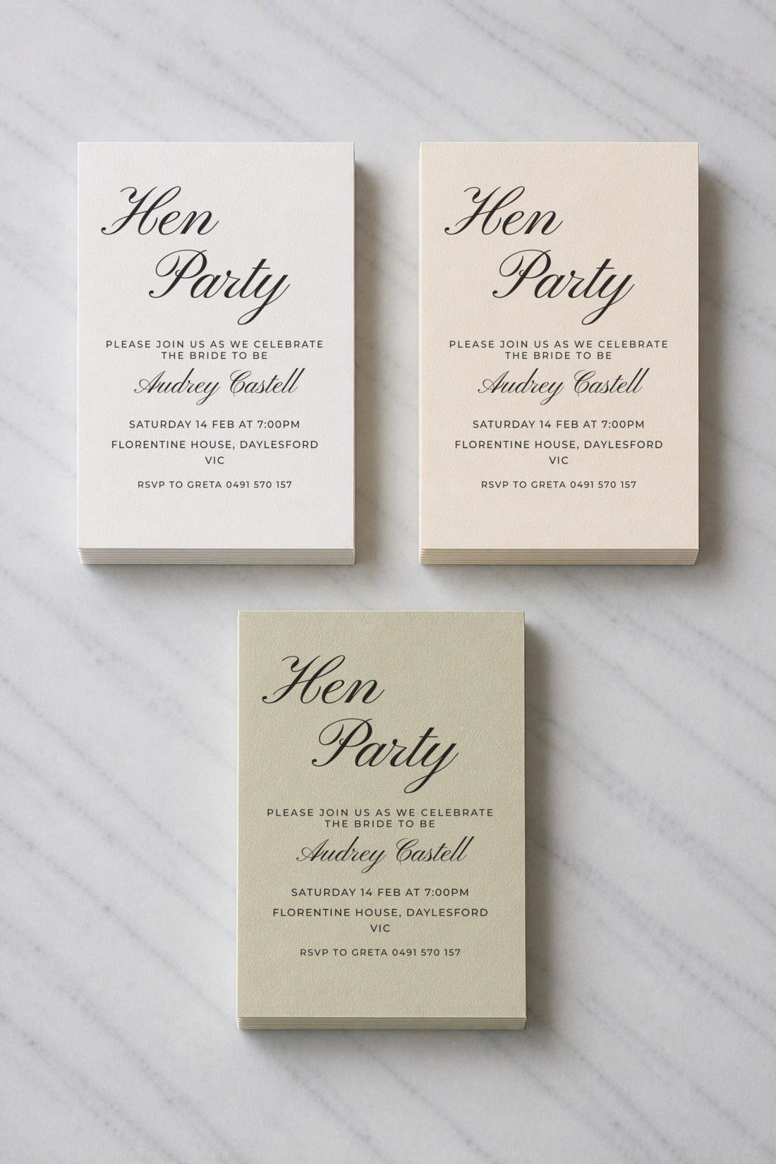 The Seraphine hens invitation, shown in three colourways