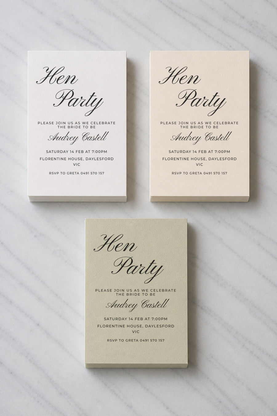 The Seraphine hens invitation, shown in three colourways