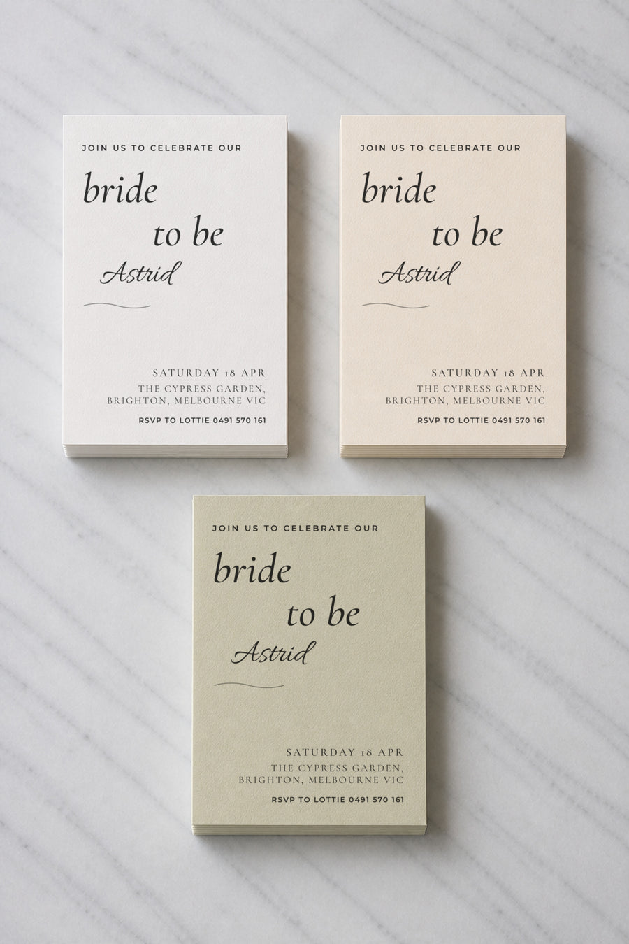 The Noosa hens invitation, shown in three colourways