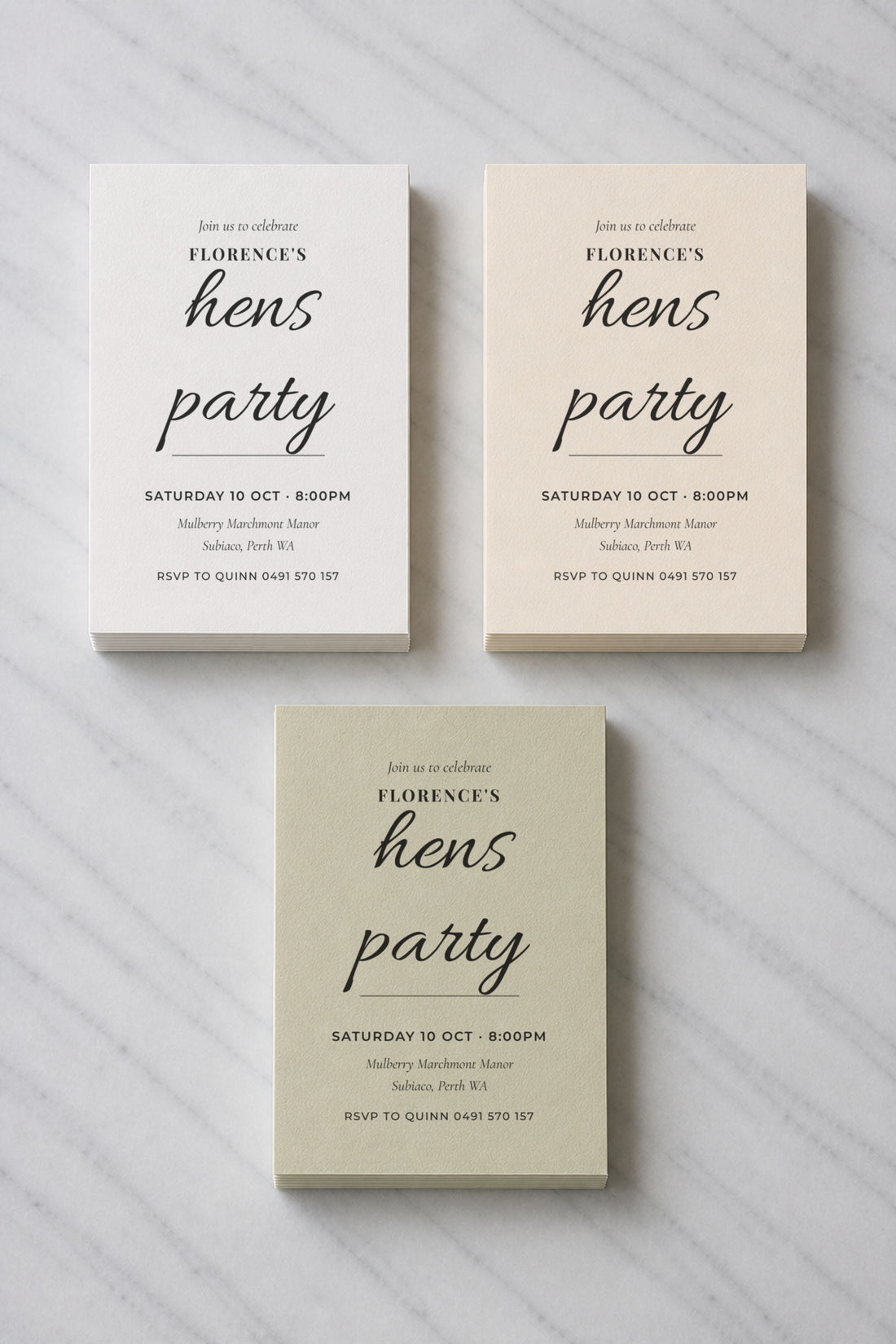 The Lagoon hens invitation, shown in three colourways