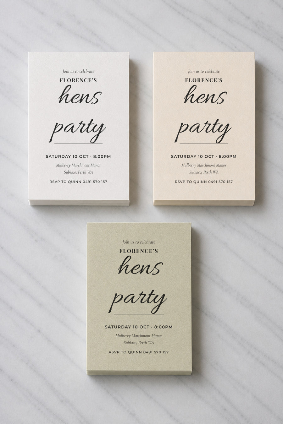 The Lagoon hens invitation, shown in three colourways