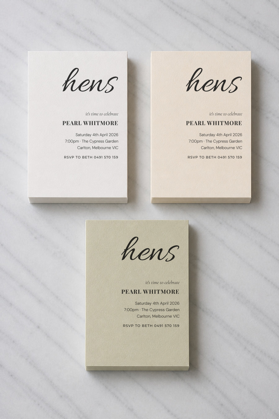 The Rosalie hens invitation, shown in three colourways