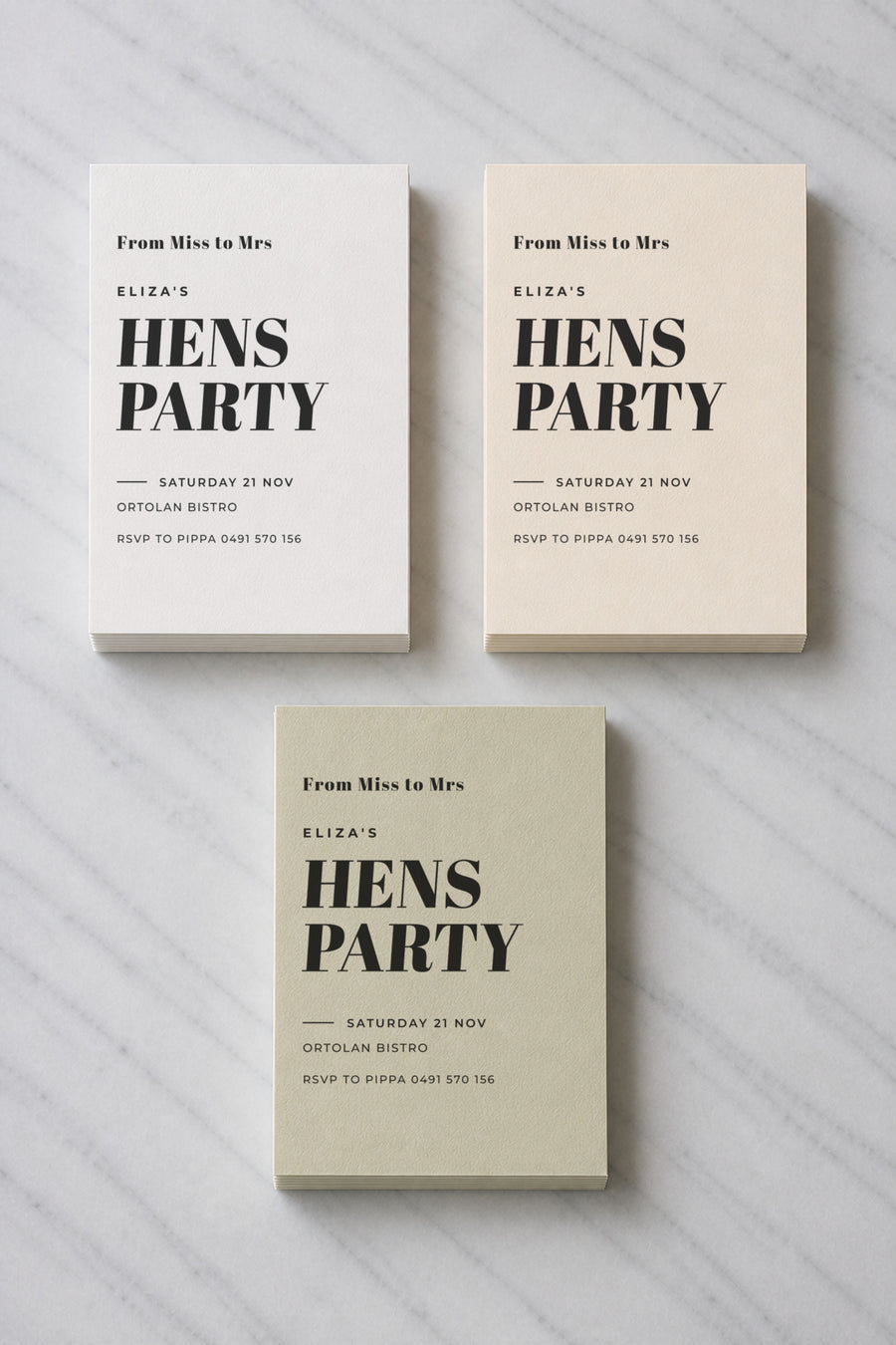 The Wattle hens invitation, shown in three colourways