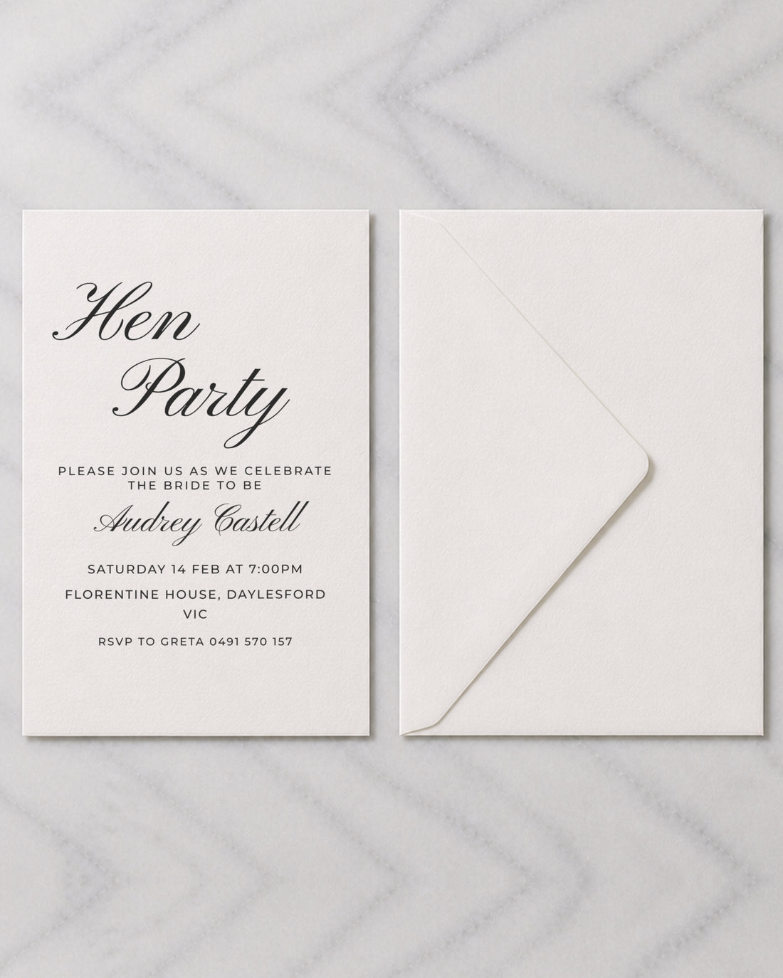 The Seraphine hens invitation, shown with its envelope