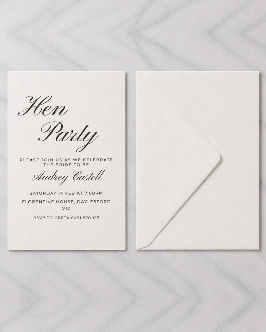 The Seraphine hens invitation, shown with its envelope