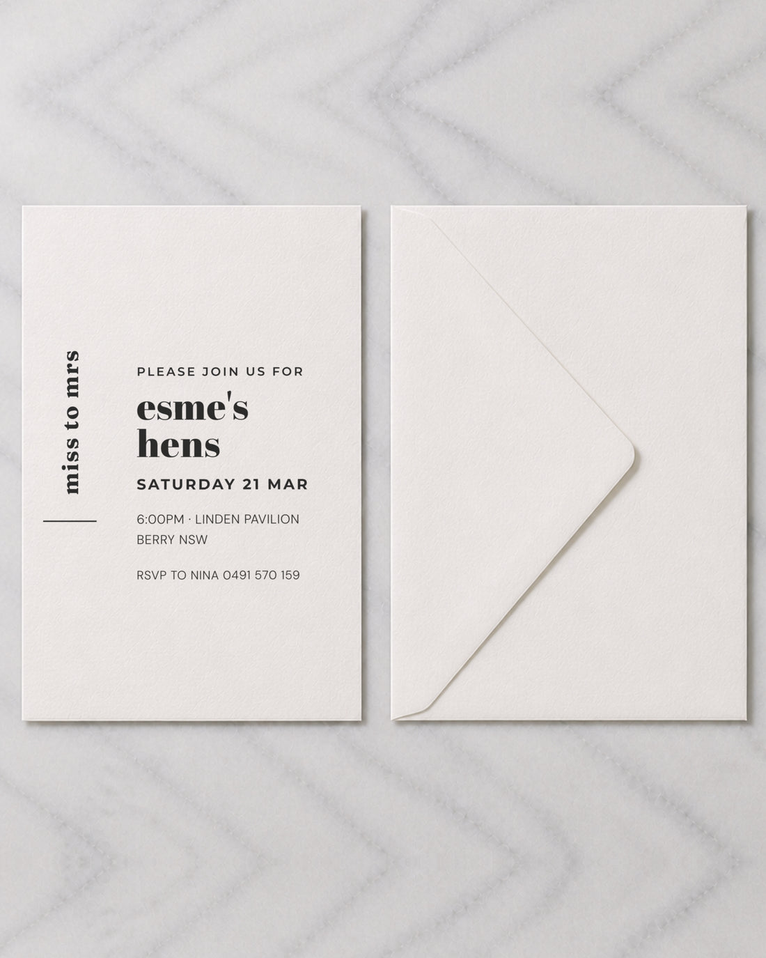 The Margot hens invitation, shown with its envelope