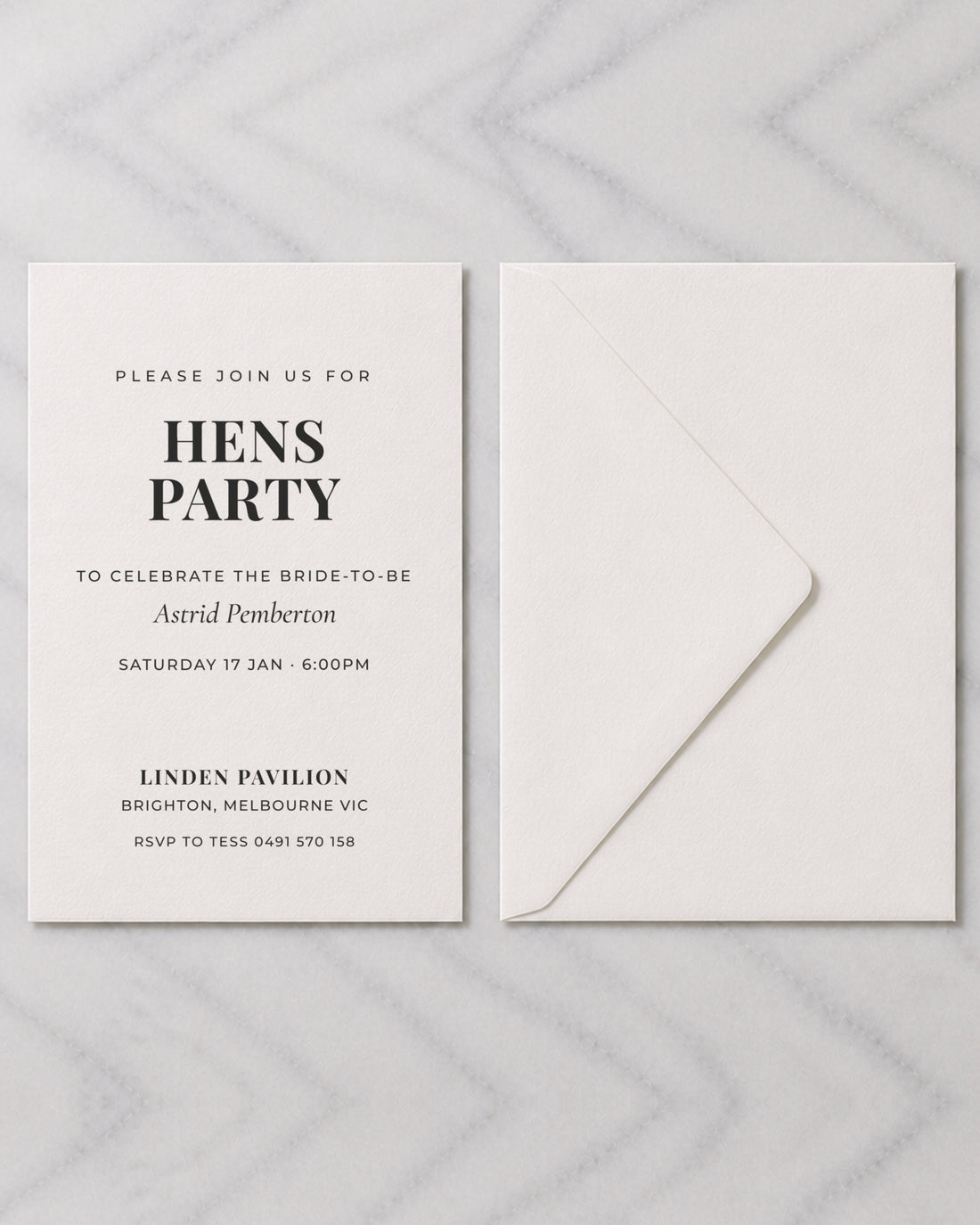 The Winsley hens invitation, shown with its envelope