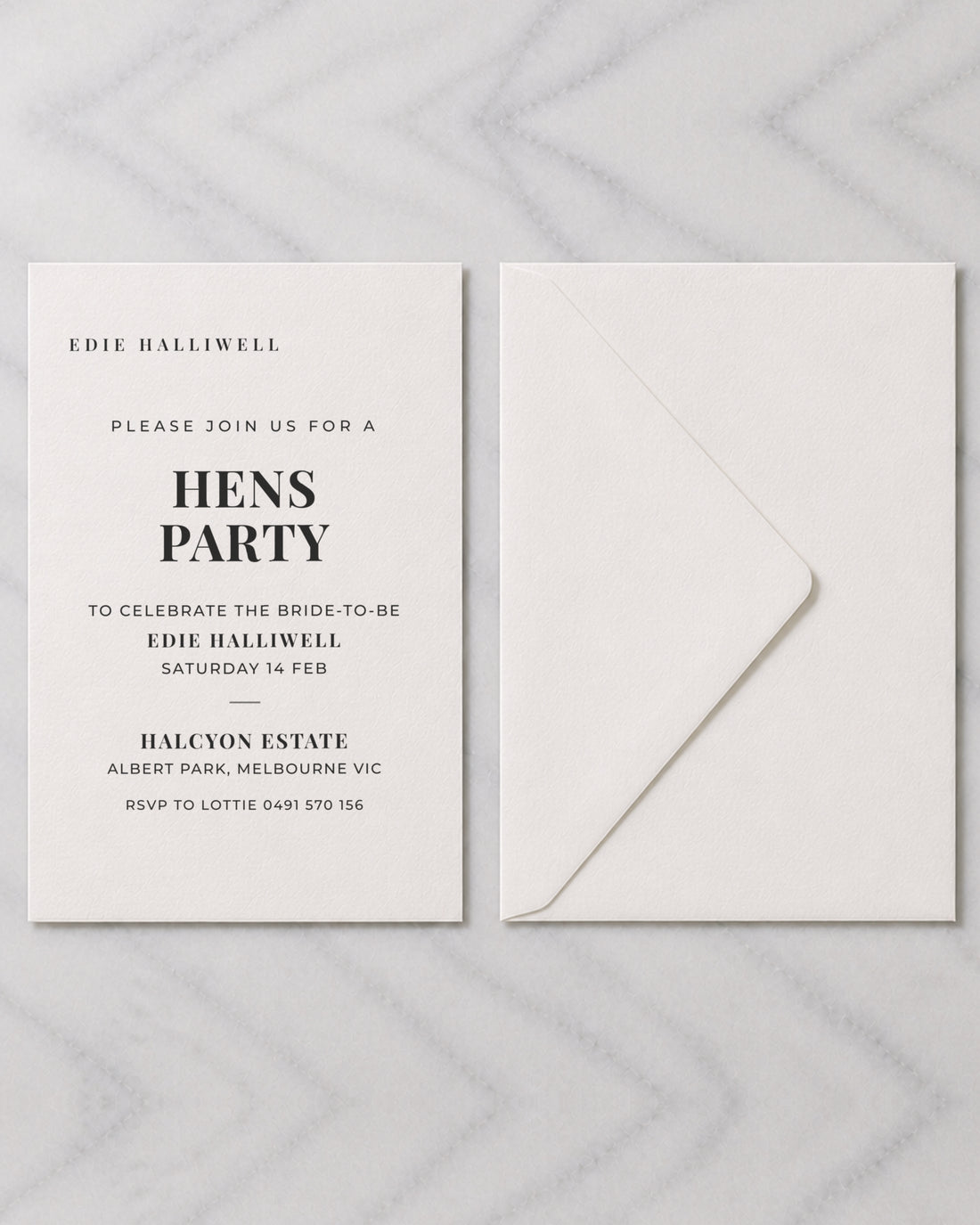 The Vivienne hens invitation, shown with its envelope
