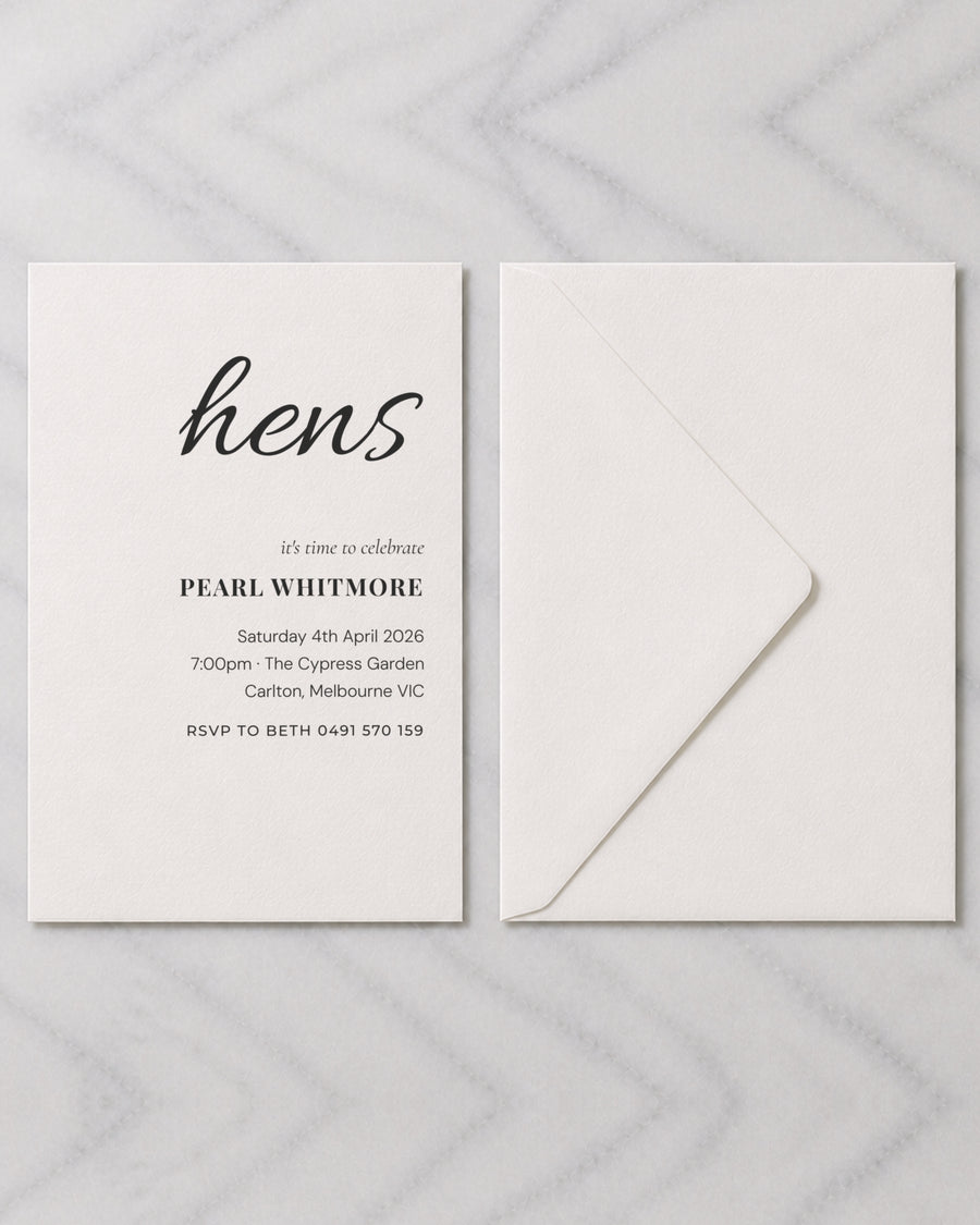 The Rosalie hens invitation, shown with its envelope