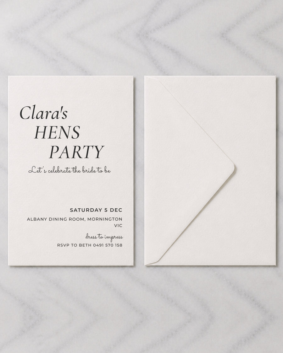 The Merlot hens invitation, shown with its envelope