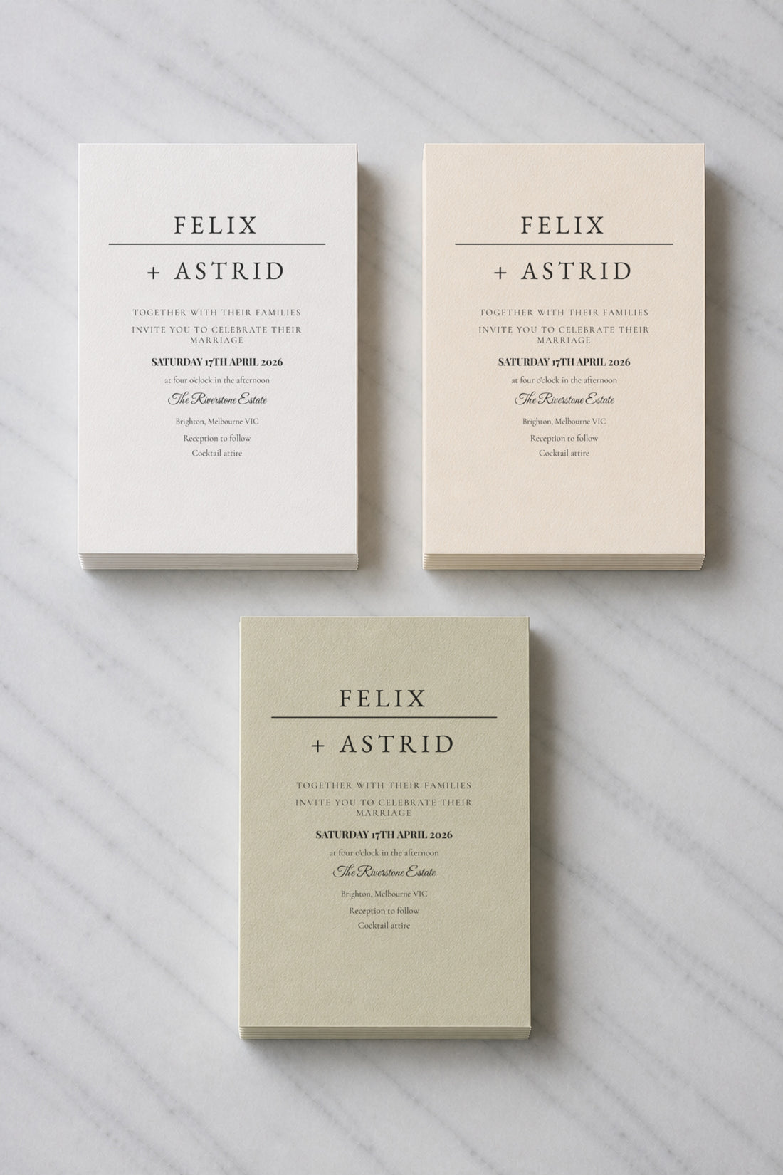 The Winslow wedding invitation, shown in three colourways