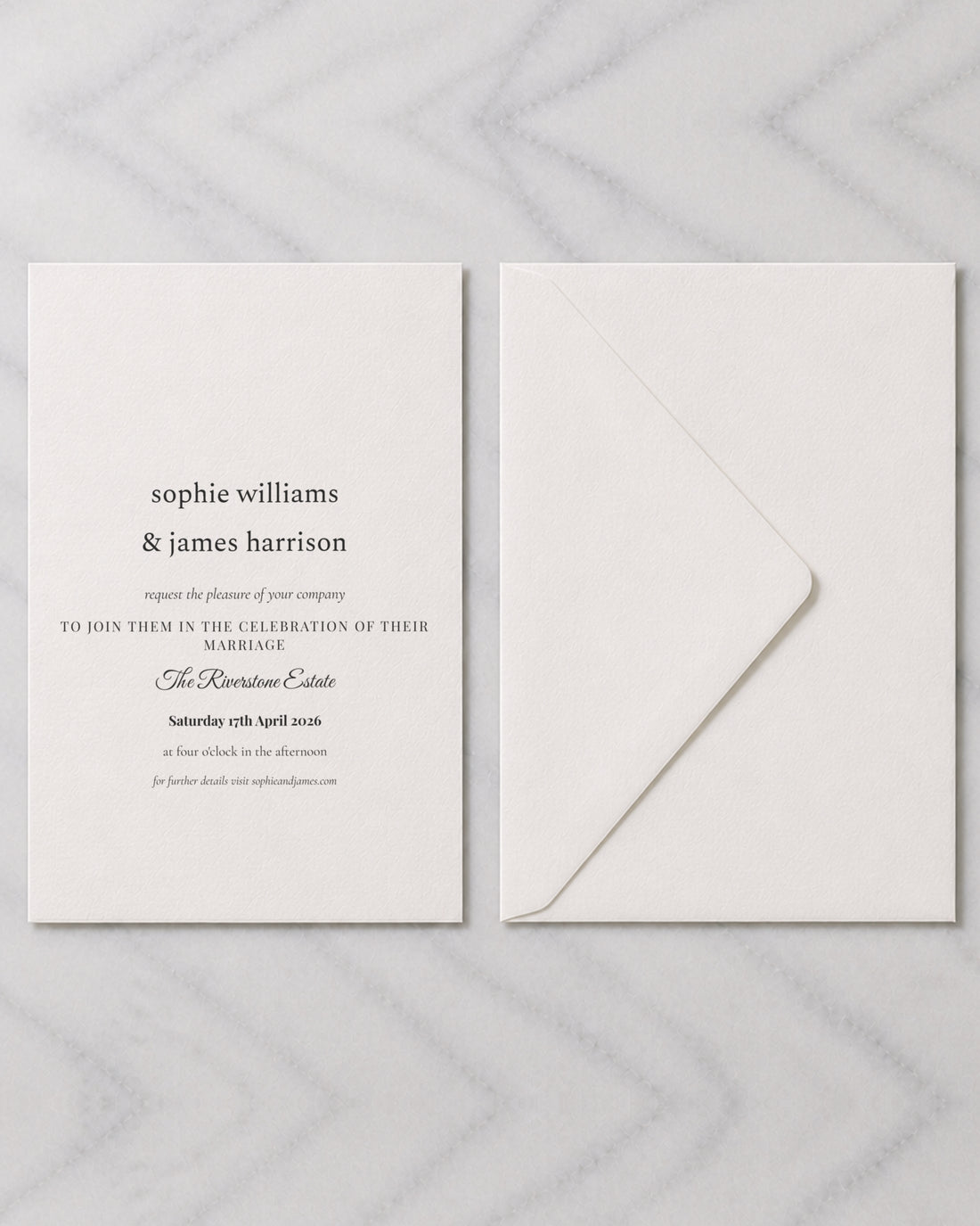 The Clover wedding invitation, shown with its envelope