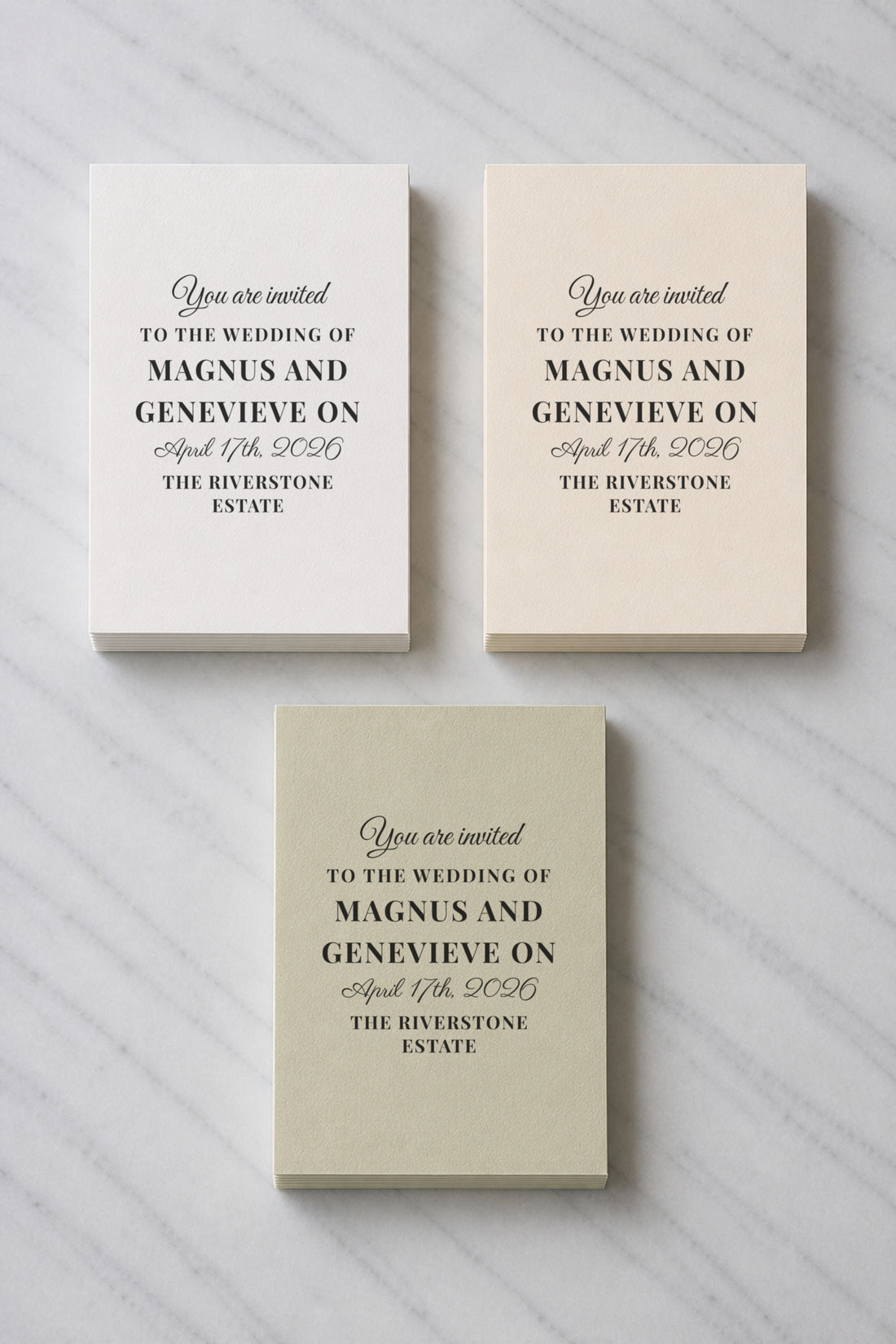 The Birchgrove wedding invitation, shown in three colourways