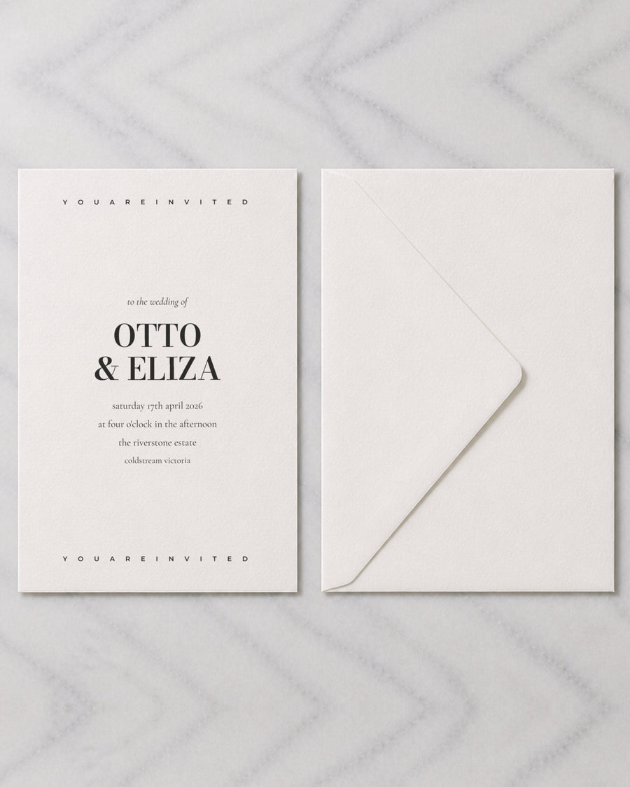 The Strand wedding invitation, shown with its envelope