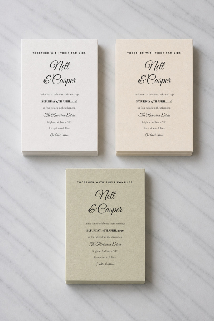 The Rosalind wedding invitation, shown in three colourways