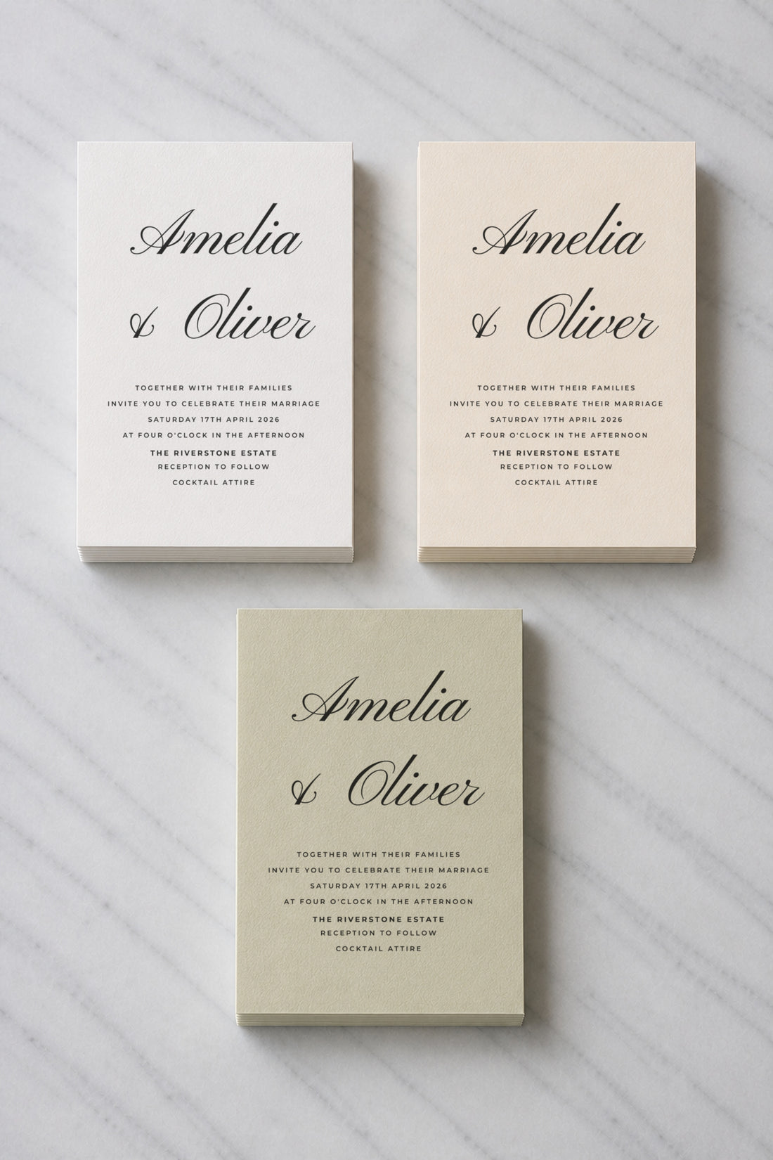 The Killara wedding invitation, shown in three colourways