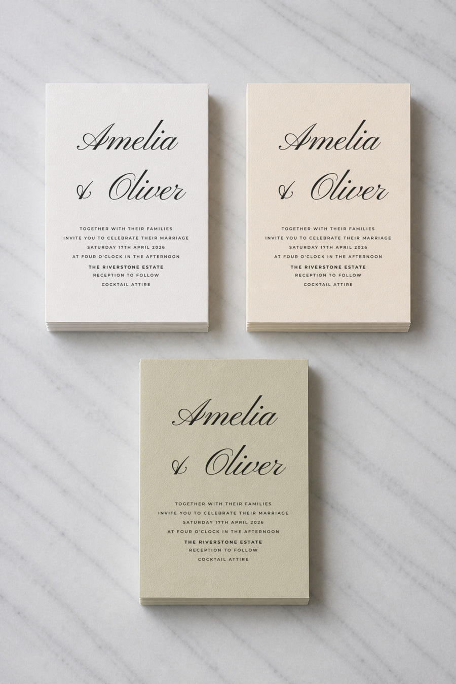 The Killara wedding invitation, shown in three colourways